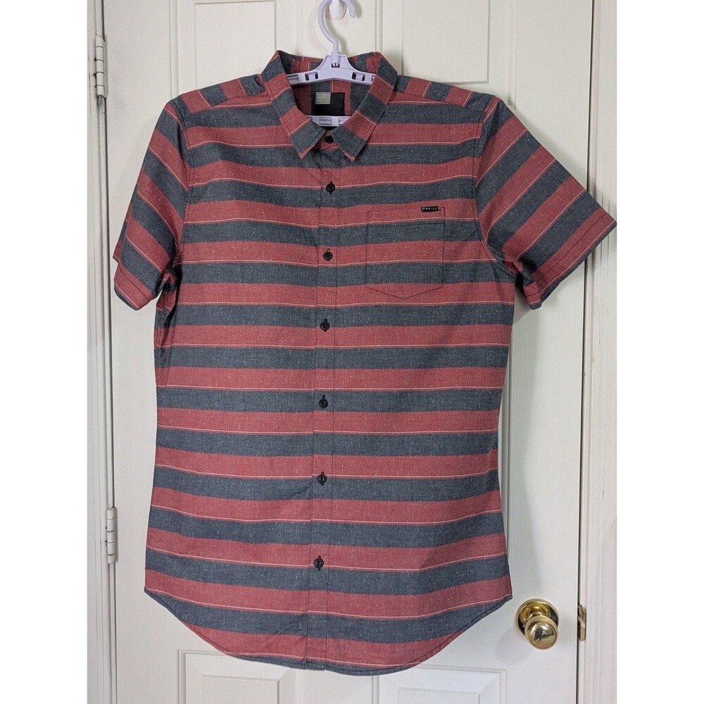 ONeill Button S/S Shirt Mens XXL Red Gray Stripe Coastal Casual Minimalist Logo